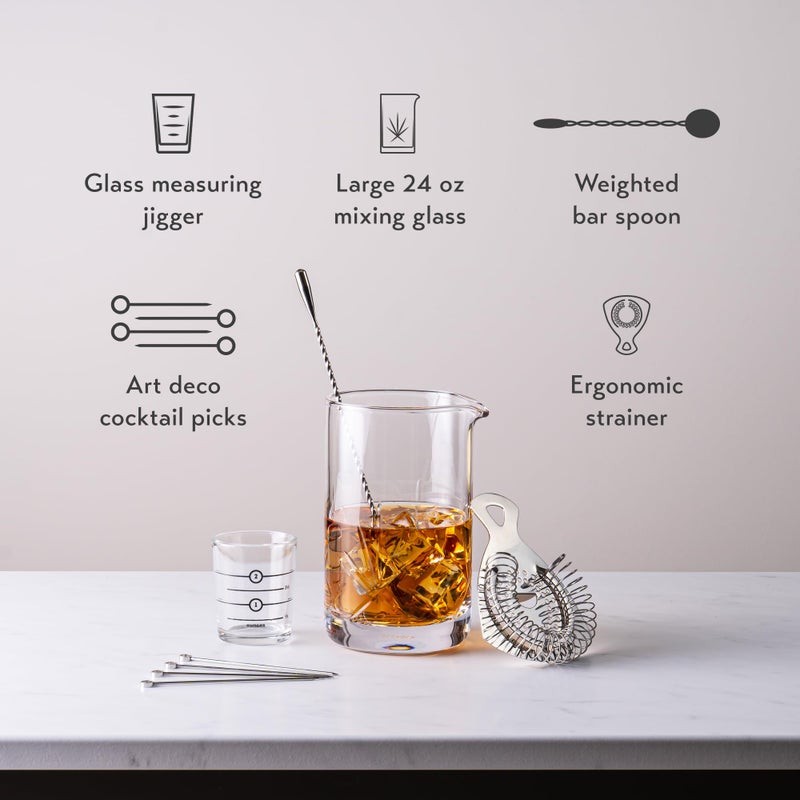 Cork & Mill Cocktail Mixing Glass, Old Fashioned Kit, Large 24 oz Crystal Cocktail Mixer for Bartenders, 9-Piece Home Bar Accessories Set for Manhattans and Other Whiskey Drinks - Image 2